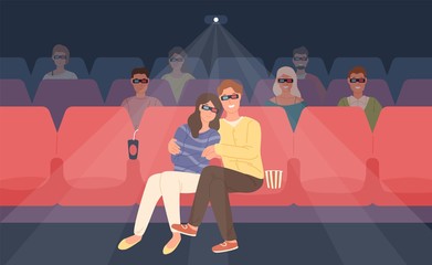 Boyfriend and girlfriend sitting in stereoscopic movie theater or cinema hall. Young man and woman in 3d glasses watching film or motion picture together. Flat cartoon colorful vector illustration.