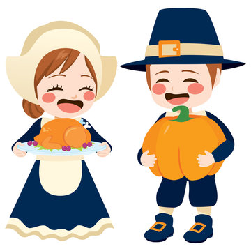 Cute kids on pilgrim costune having fun on thanksgiving day holding roasted turkey and pumpkin food