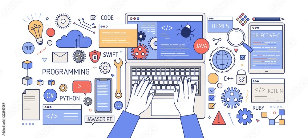 Aufkleber Colorful banner with hands working on computer, different electronic gadgets, devices and symbols. Programming, software development, program coding. Creative vector illustration in linear style.