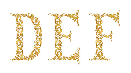 Golden vintage font type letters D, E, F, uppercase.