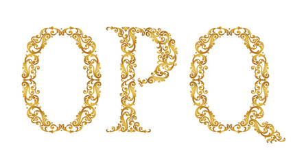 Golden vintage font type letters O, P, Q, uppercase.