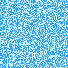 Vector Winter seamless pattern. Flower roses hand drawing white illustration isolated on blue background.