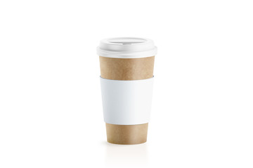 Blank craft paper cup with white sleeve holder mockup, 3d rendering. Empty coffe container with...