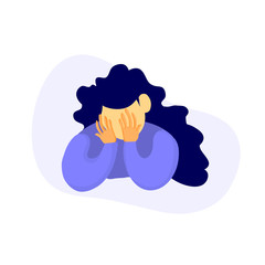 Young girl in a flat  style covered face her hands. Bad mood and depression illustration.