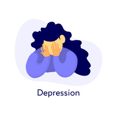 Young girl in a flat  style covered face her hands. Bad mood and depression illustration.