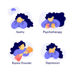 set of flat illustration about mental health: apathy, depression, bipolar disorder and psychotherapy. Young girl at differnt poses and conditions.