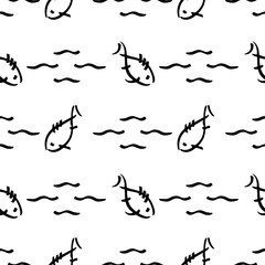 Flat monochrome vector seamless sea fish sketch pattern. Fabric textile summer pattern. Cute doodle pattern with underwater sea creatures. Vector illustration naive element wildlife nautical ornament.