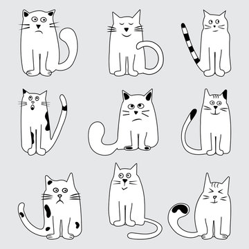 Black and white set cartoon cats wits different emotions, hand drawn. Vector illustration