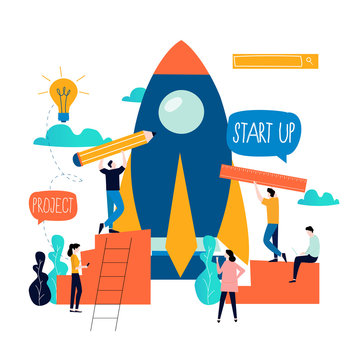 Business project start up process, start up idea launching, project management, start up launch teamwork flat business vector illustration design