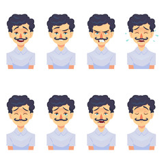 Set of male facial emotions avatar. Hipster man with mustache emoji funny cute character with different expressions. Vector illustration in cartoon style.