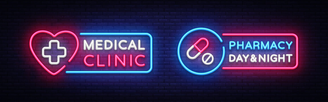 Medical neon sign design template. Pharmacy neon emblem, light banner. Online consultation. Vector illustration