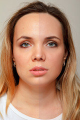 Obraz premium Retouch - face of beautiful young woman before and after.