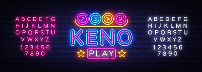 Keno Lottery neon sign vector. Lotto Design template neon sign, Casino, celebration light banner, neon signboard, nightly bright advertising, light inscription. Vector. Editing text neon sign