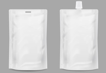 Plastic packaging on gray background,packing with tube.Blank packaging snack.Vector set mock up.