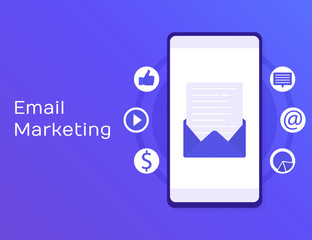 Flat vector for email marketing, newsletter marketing, email subscription and drip campaign with icons on blue background. Modern Vector Illustration