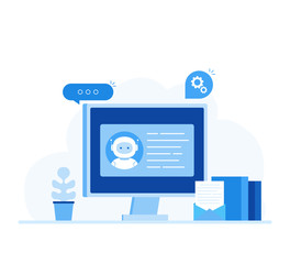 Chatbot business concept. Modern banner for the site. Chatbot, artificial intelligence, customer support, hotline with bot. Flat style vector illustration