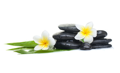 Obraz na płótnie Canvas tropical flowers and black stones ready for healthy therapy