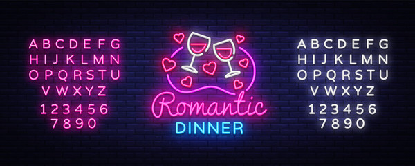 Romantic Dinner Neon Logo Vector. Wine neon sign, design template, modern trend design, night neon signboard, night light advertising, light banner, light art. Vector. Editing text neon sign