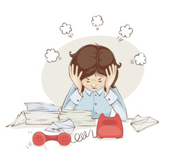 Stress at work / The girl is very tired, vector illustration