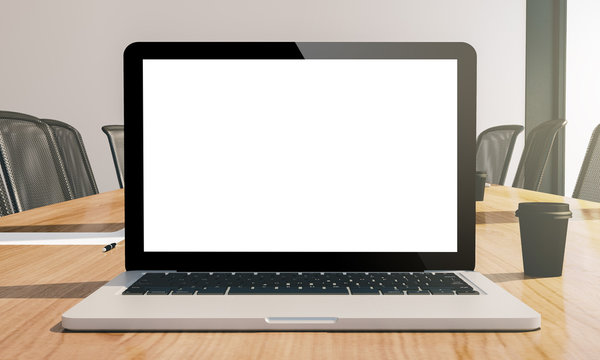 white screen laptop on conference room mockup
