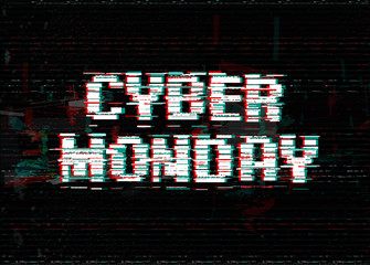 Glitch effect white vector letters. Cyber Monday banner template. Digital distortion effect text. Promotion tag.