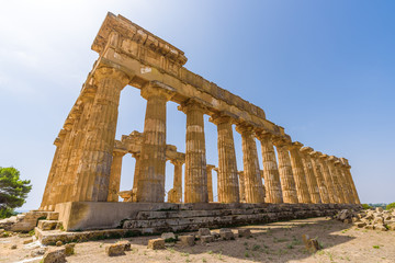 Ruins of the doric Temple of Hera (Temple E) inside the archaeological park of Selinunte, an ancient Greek city on a seaside hill in the south west coast of Sicily.