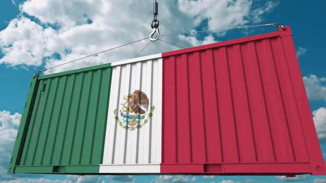Container with flag of Mexico. Mexican import or export related conceptual 3D animation