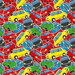 Seamless pattern with cars on a red background.