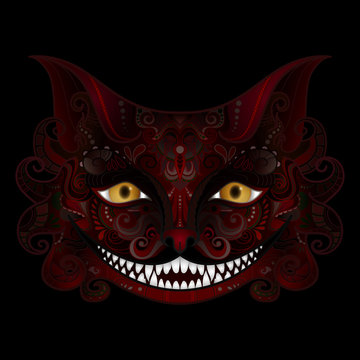 Vector Cheshire Cat Grin. Halloween. All Saints' Day. Isolated Fictional Animal On Black Background