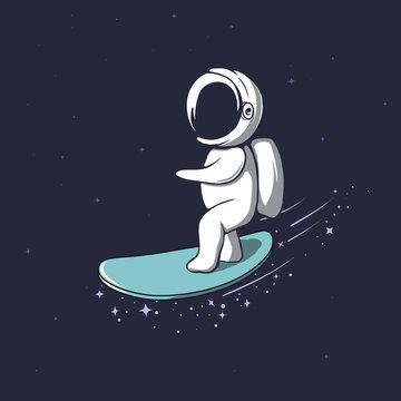 Cute astronaut rides on surfboard through the universe.Space vector illustration.Prints design