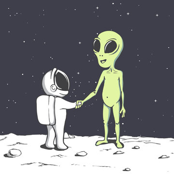 meeting and handshake of an alien and an astronaut in space.Cosmic friends.Vector illustration