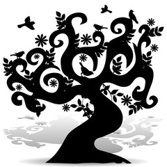 Black Silhouette abstract tree with birds, element for design on white background,