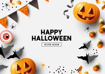 Poster Im Rahmen Happy Halloween party label/ invitation Composition with Jack O' Lantern pumpkins, party decorations and sweets on a colorful abstract background. Top view vector illustration. © James Thew