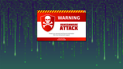 Alert message of virus detected. Ransomware attack, identifying computer virus inside binary code of matrix. Template for concept of security, programming and hacking, decryption and encryption.