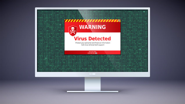 Alert message of virus detected . Scanning and identifying computer virus inside binary code listing. Code with computer virus. Warning message on computer screen. Template for concept of security.
