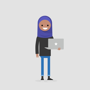 Young muslim girl in a hijab holding a laptop. Daily casual lifestyle. Flat editable vector illustration, clip art