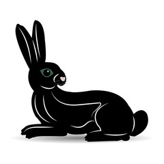 Fototapeta na wymiar Funny black hare with long ears looks back, silhouette on white background,