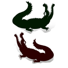 Silhouette of two crocodiles (dark green and brown), with open jaws looking up, decorations for design on white background,