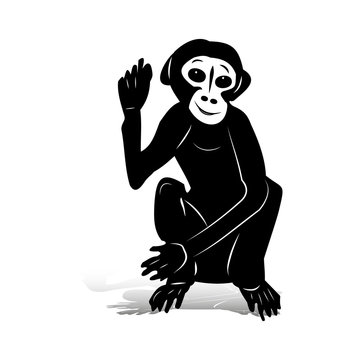 Black monkey sitting with raised right hand (gesture, hello), silhouette on white background,