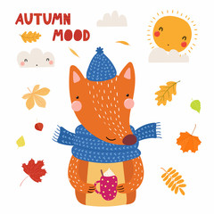 Hand drawn vector illustration of a cute fox in muffler, hat, with cup, falling leaves, quote Autumn mood. Isolated objects on white. Scandinavian style flat design. Concept for children print.