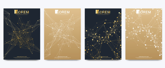 Modern vector template for brochure Leaflet flyer advert cover catalog magazine banner or annual report. A4 size. Business, science, medical design. Golden cybernetic dots. Lines plexus. Card surface.