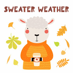 Hand drawn vector illustration of a cute sheep in sweater, with paper cup, autumn leaves, quote Sweater weather. Isolated objects on white. Scandinavian style flat design. Concept for children print.