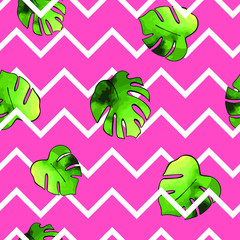 Obraz premium Vector seamless tropical pattern with monstera palm leaves. Watercolor illustration set. Exotic textile botanical design on pink background with zigzag line.