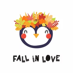 Fotobehang Hand drawn vector illustration of a cute penguin in a crown of autumn leaves, with quote Fall in love. Isolated objects on white. Scandinavian style flat design. Concept for children print. © Maria Skrigan