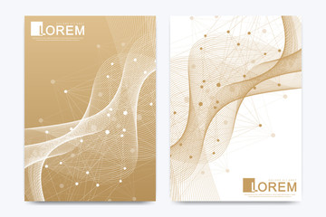 Modern vector template for brochure, leaflet, flyer, cover, catalog, magazine, banner or annual report in A4 size. Business, science and technology design book layout. Presentation with golden waves.