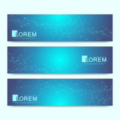 Abstract vector set of modern website banners. Scientific cybernetics background with dynamic linear waves. Molecule and communication background. Graphic background for your design