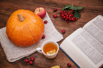 Top view of autumn workplace, pumpkin, apples and book on wooden table.