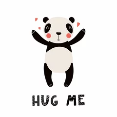 Sierkussen Hand getekende vectorillustratie van een schattige finny panda, met hartjes, belettering citaat Hug me. Geïsoleerde objecten op een witte achtergrond. Scandinavische stijl plat ontwerp. Concept voor kinderen afdrukken. © Maria Skrigan