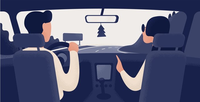 Pair of people sitting on front seats of car moving along highway. Automobile driver and passenger, back view. Road journey, ride, trip. Trendy colorful vector illustration in modern cartoon style.