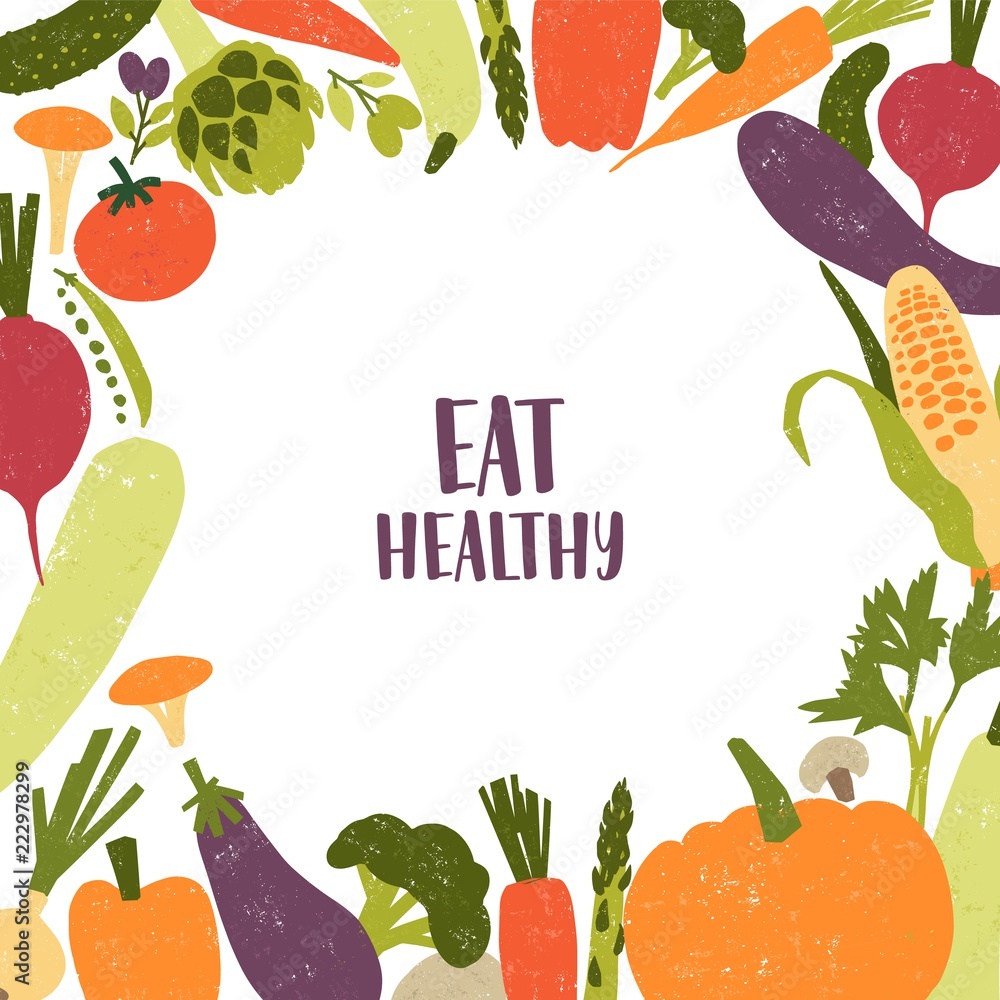 Poster square backdrop with circular frame consisted of various vegetables on white background. delicious e